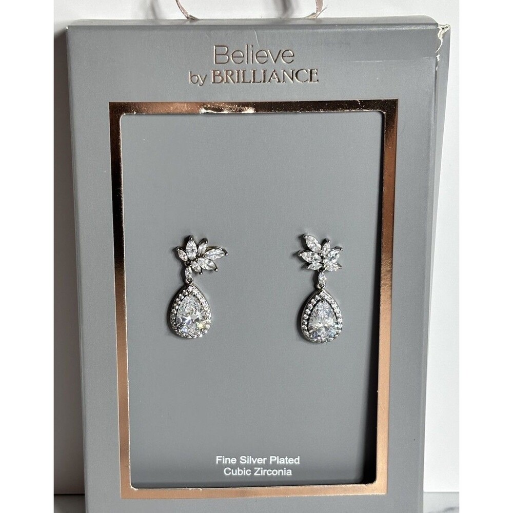 Believe by Brilliance Earrings Silver Plate Cubic Zirconia Wedding Prom In Box